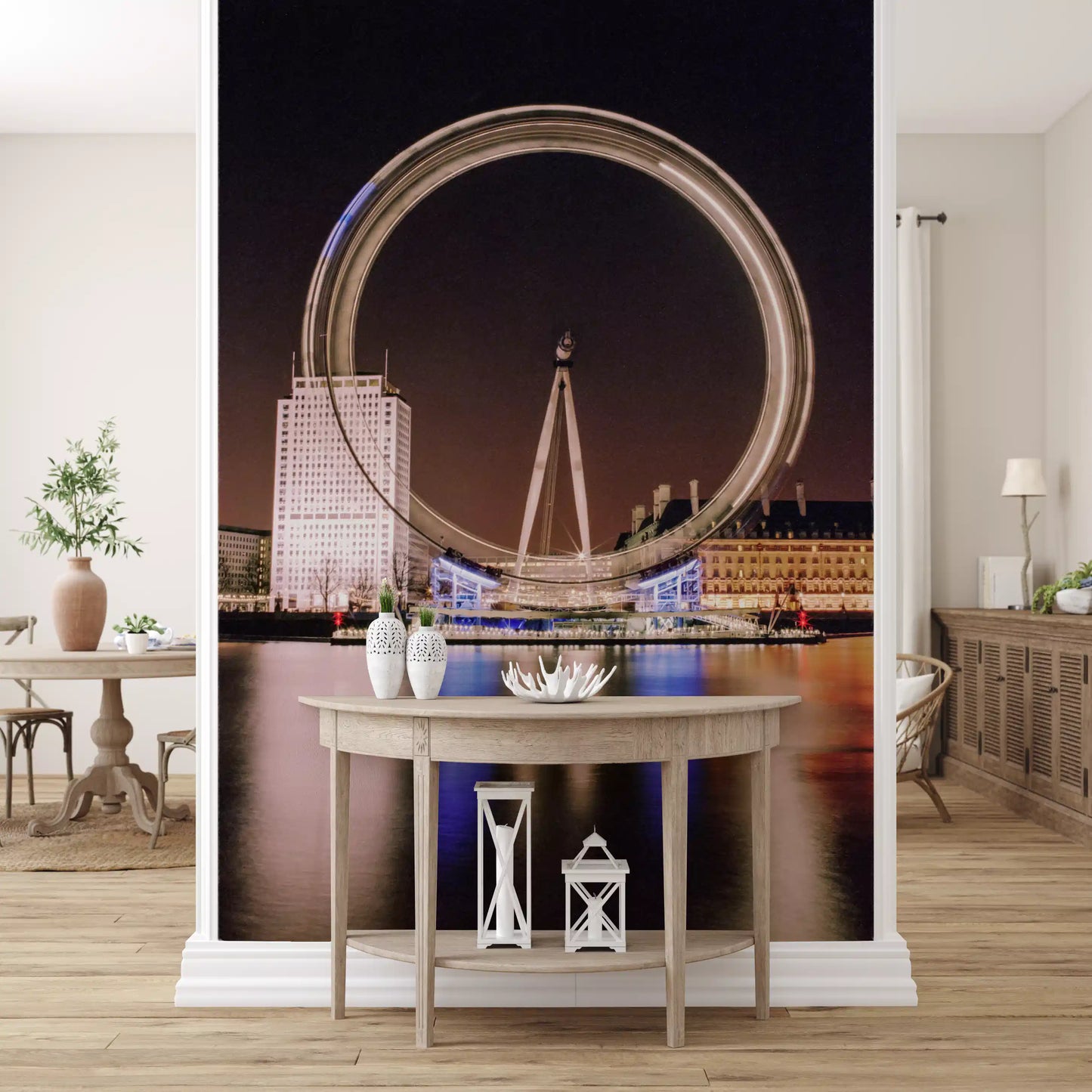 Step into a lounge framed by the Timeless Night Spin London Eye wall mural