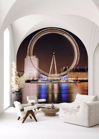 Long-exposure blur turns the London Eye into a glowing ring on this wall mural