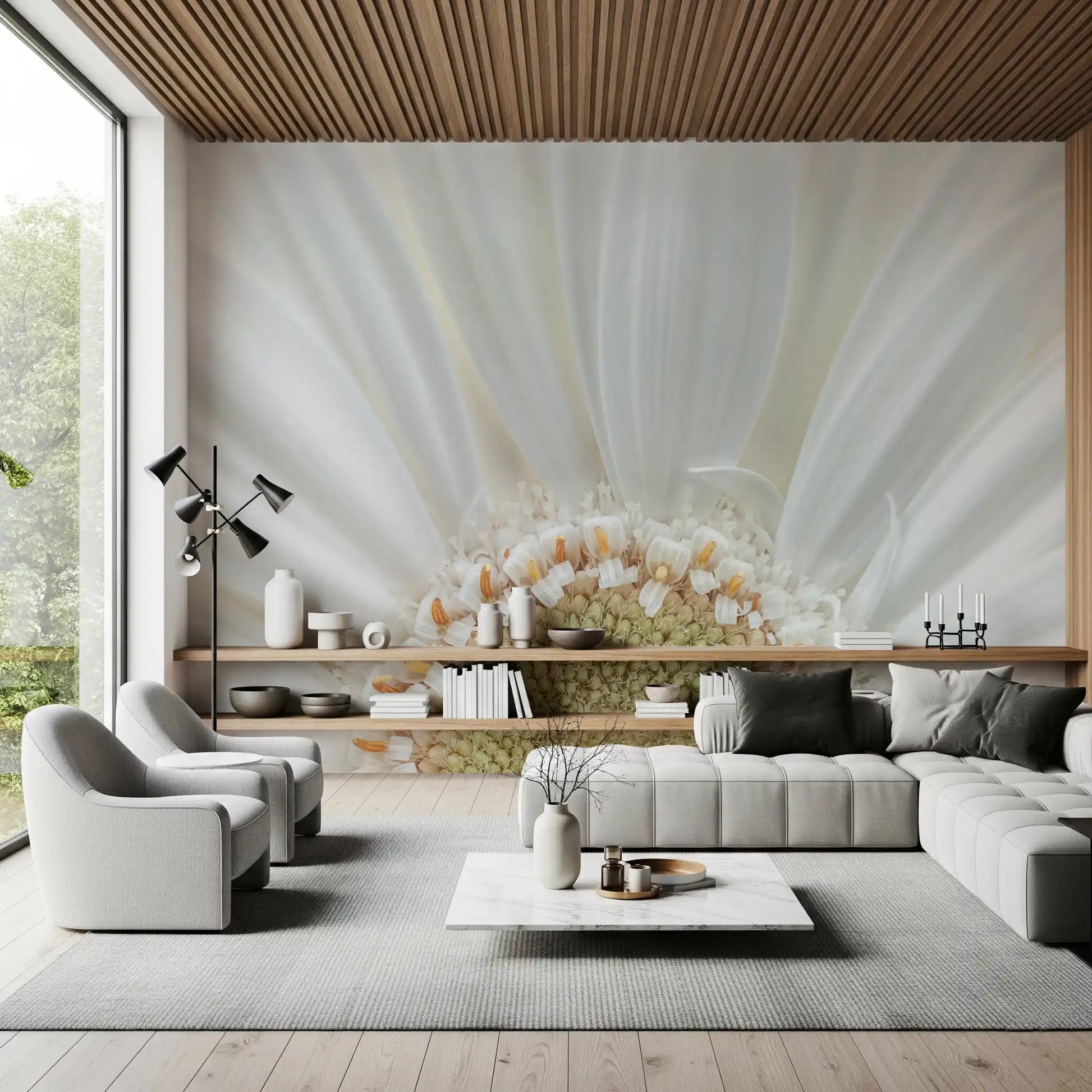 Set in a lounge, the White Petal Radiance wall mural keeps the mood pale and even
