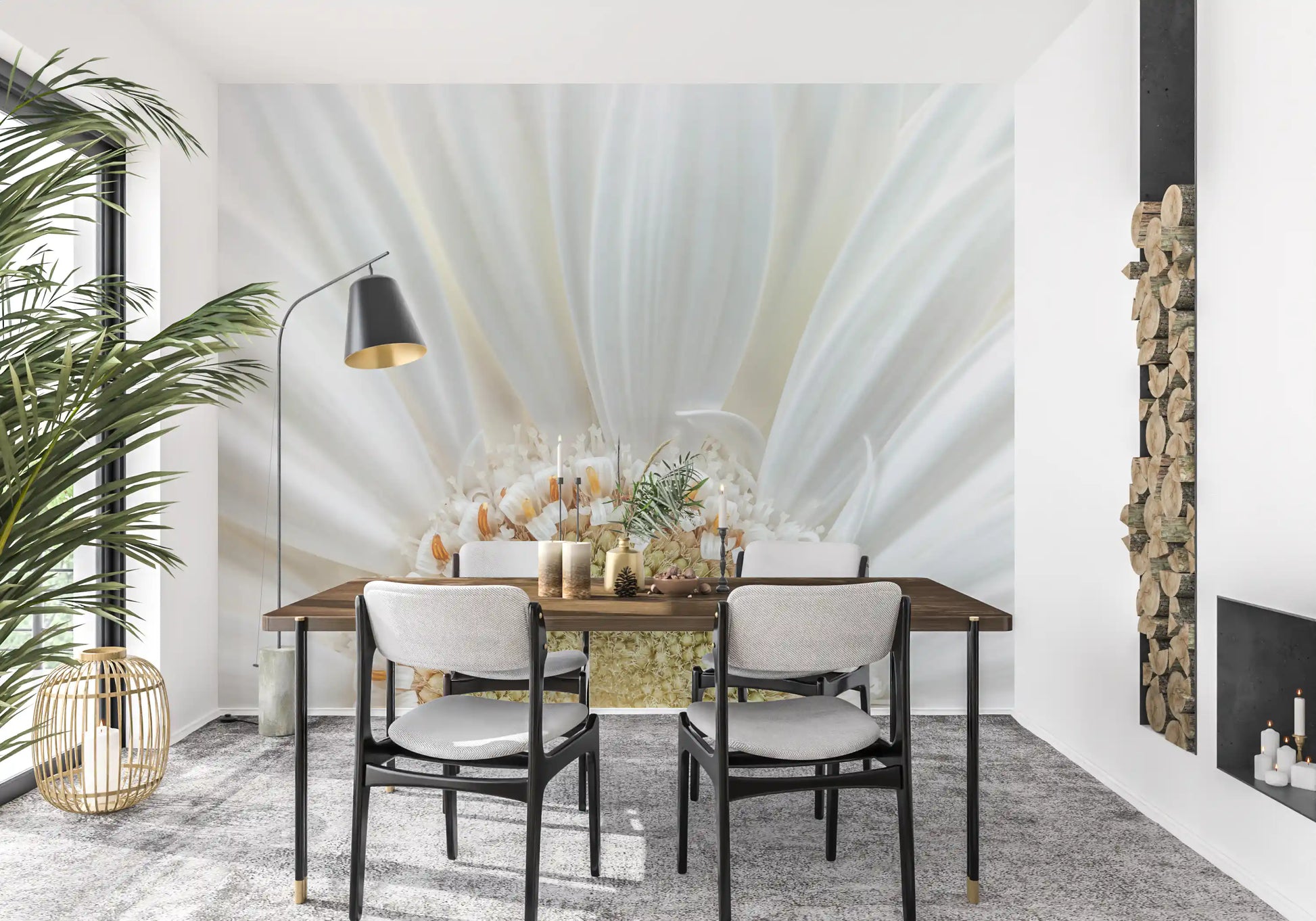 Flowering detail freshens an Dining room alongside the White Petal Radiance wall mural
