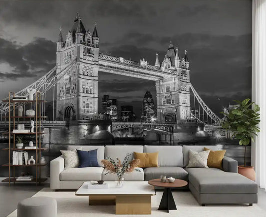Tower Bridge Glow wall mural anchors a calm living room with monochrome drama