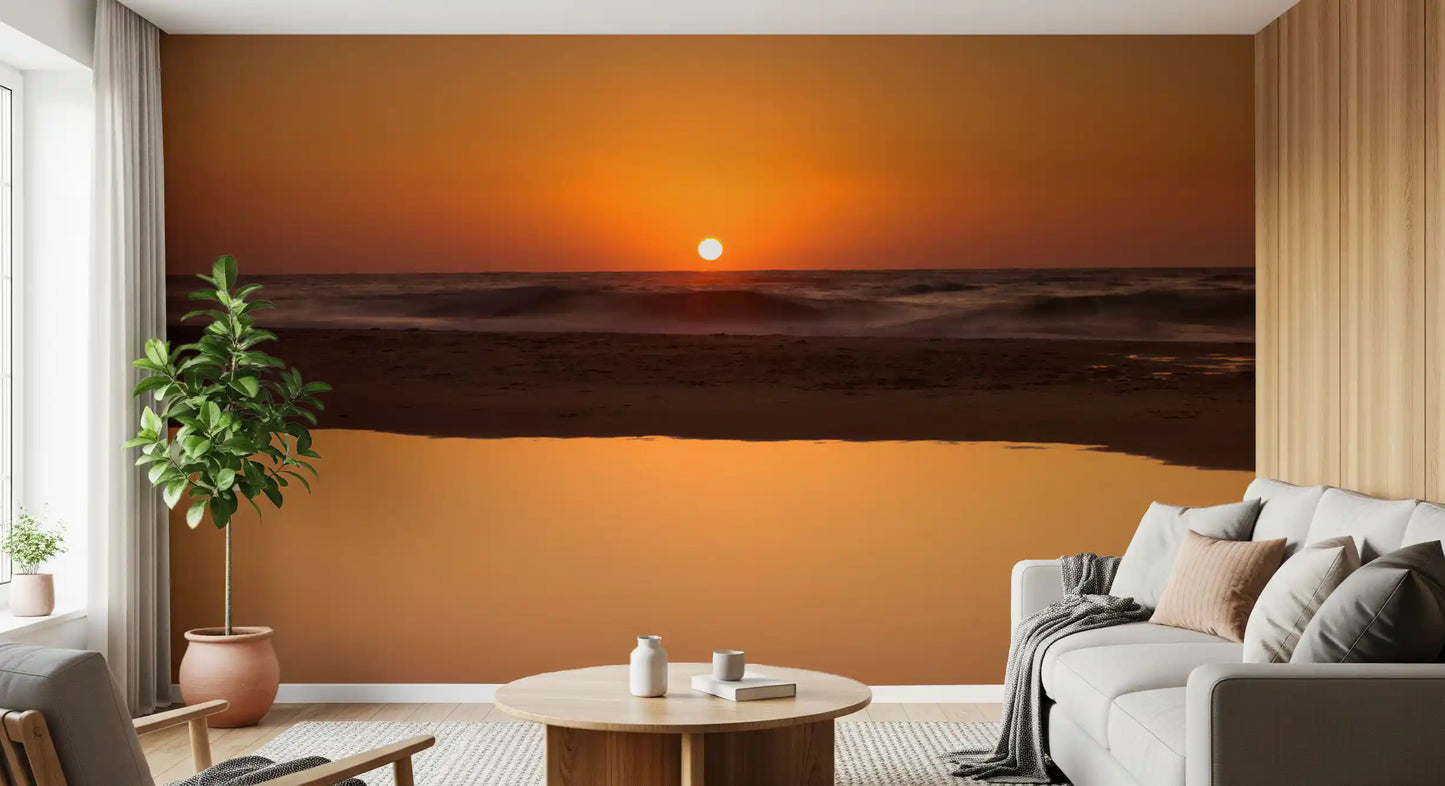 Wet sand mirrors the sunset glow on the Golden Ocean Horizon wall mural.