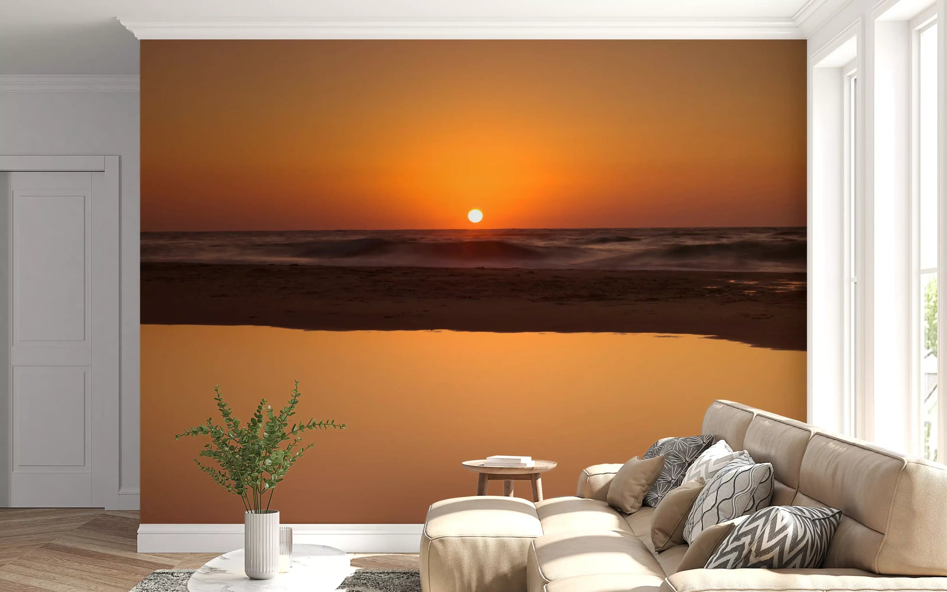 Warm amber light fills the sky in this Ocean Horizon sunset wall mural.
