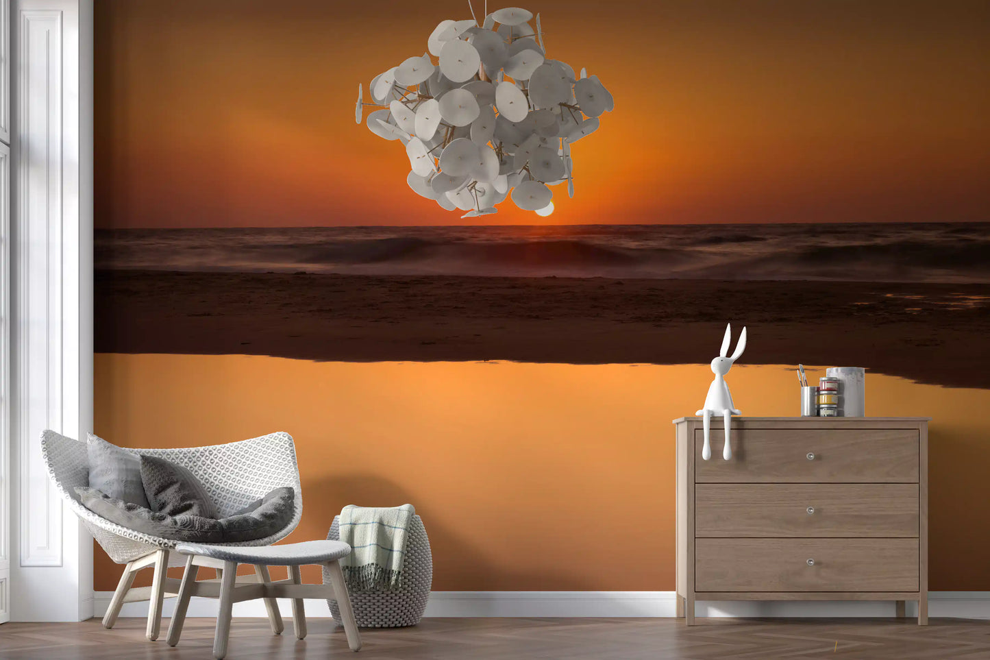 Lounge styled around the calm Golden Ocean Horizon sunset wall mural.
