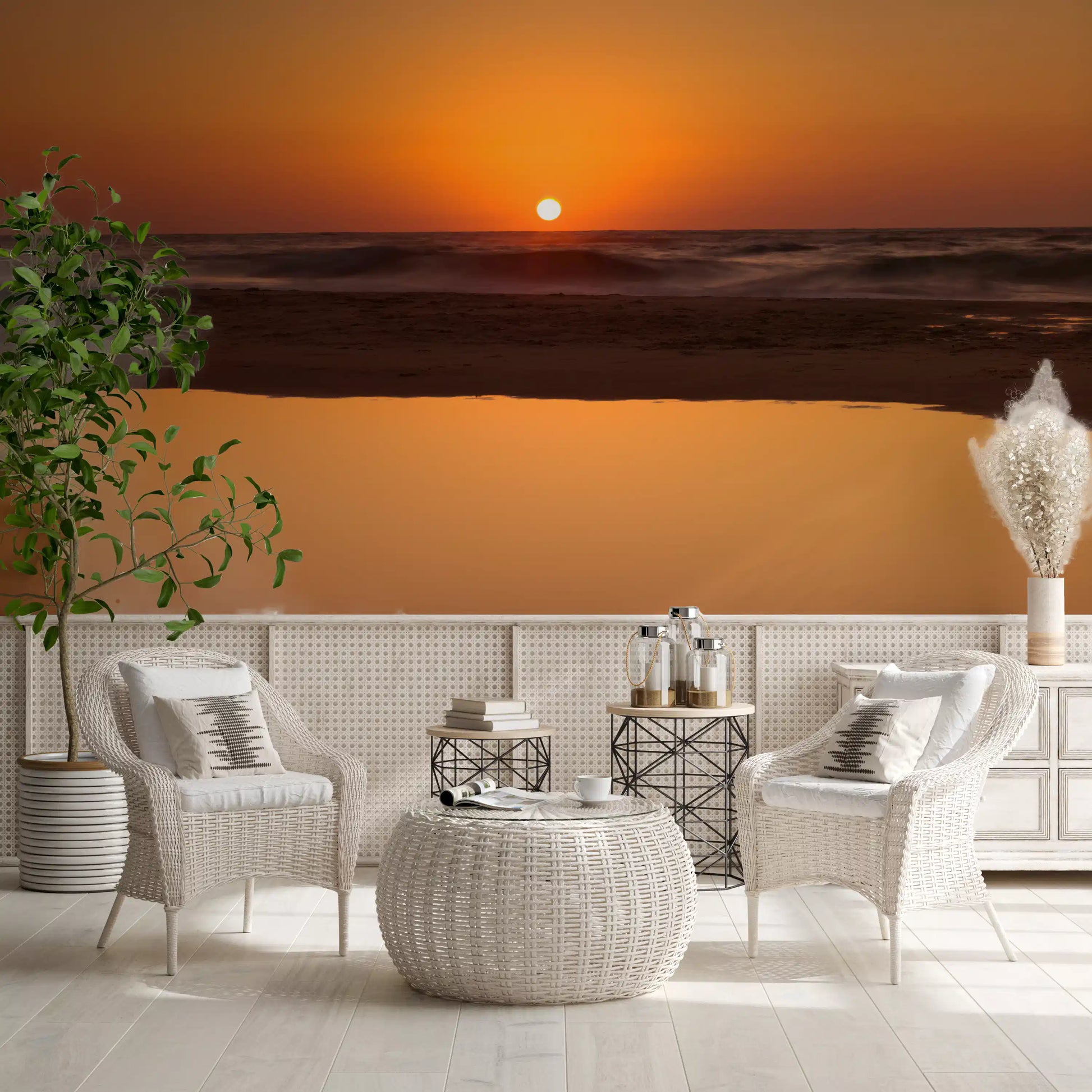 Restful living room finished with the glowing Ocean Horizon wall mural.