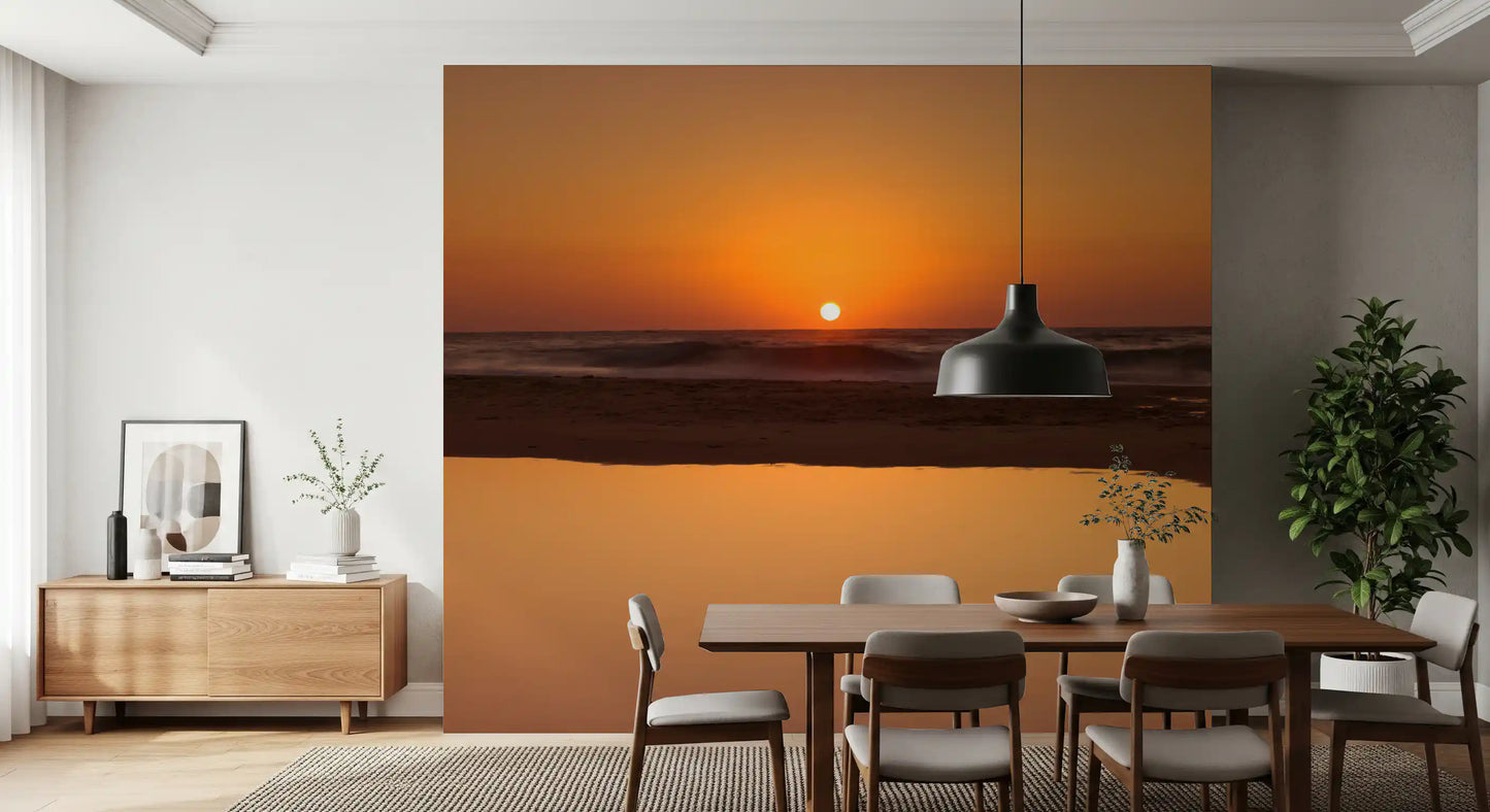 Golden sky and surf shape this Dining room via the Ocean Horizon wall mural.