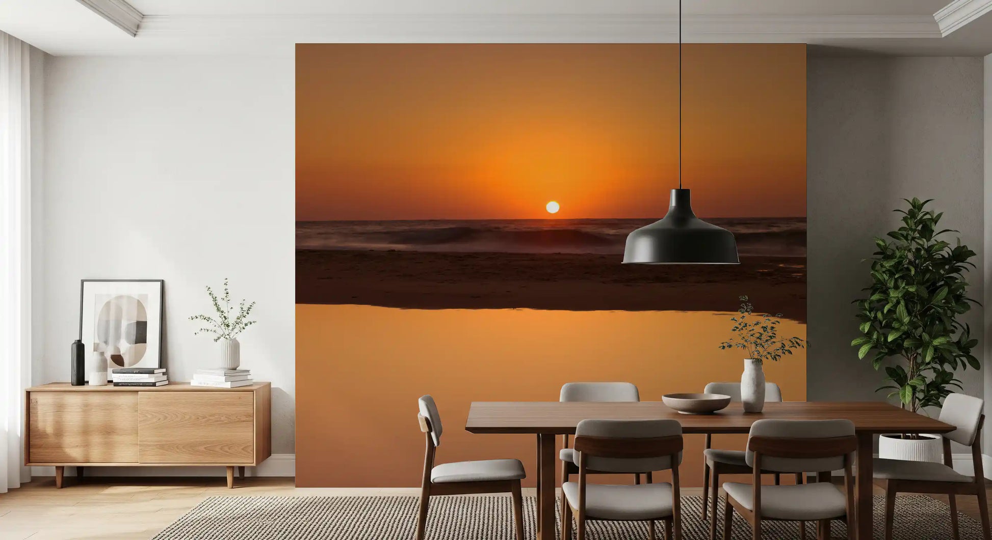 Golden sky and surf shape this Dining room via the Ocean Horizon wall mural.