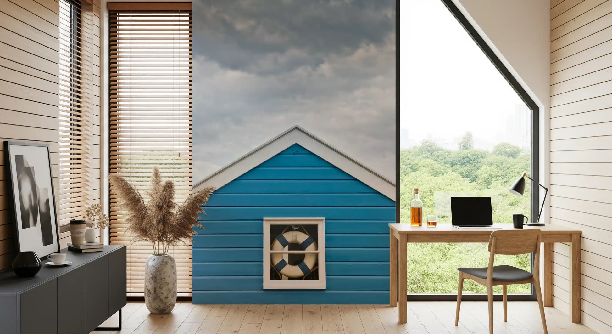 Add seaside calm to a Home ofifce work area with the Blue Beach Hut Coastal Charm wall mural