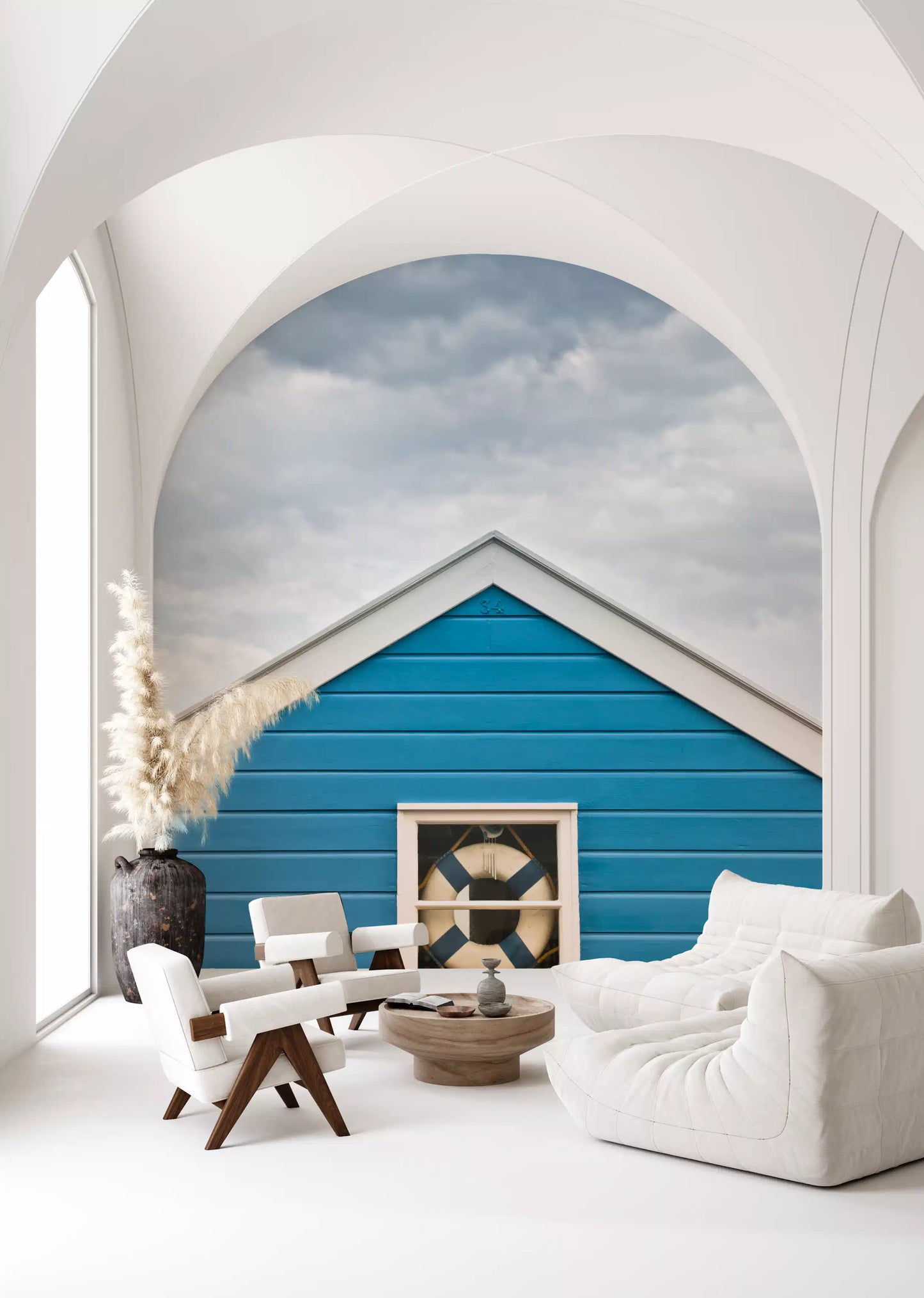 Nautical life ring detail anchors a lounge in this Blue Beach Hut wall mural