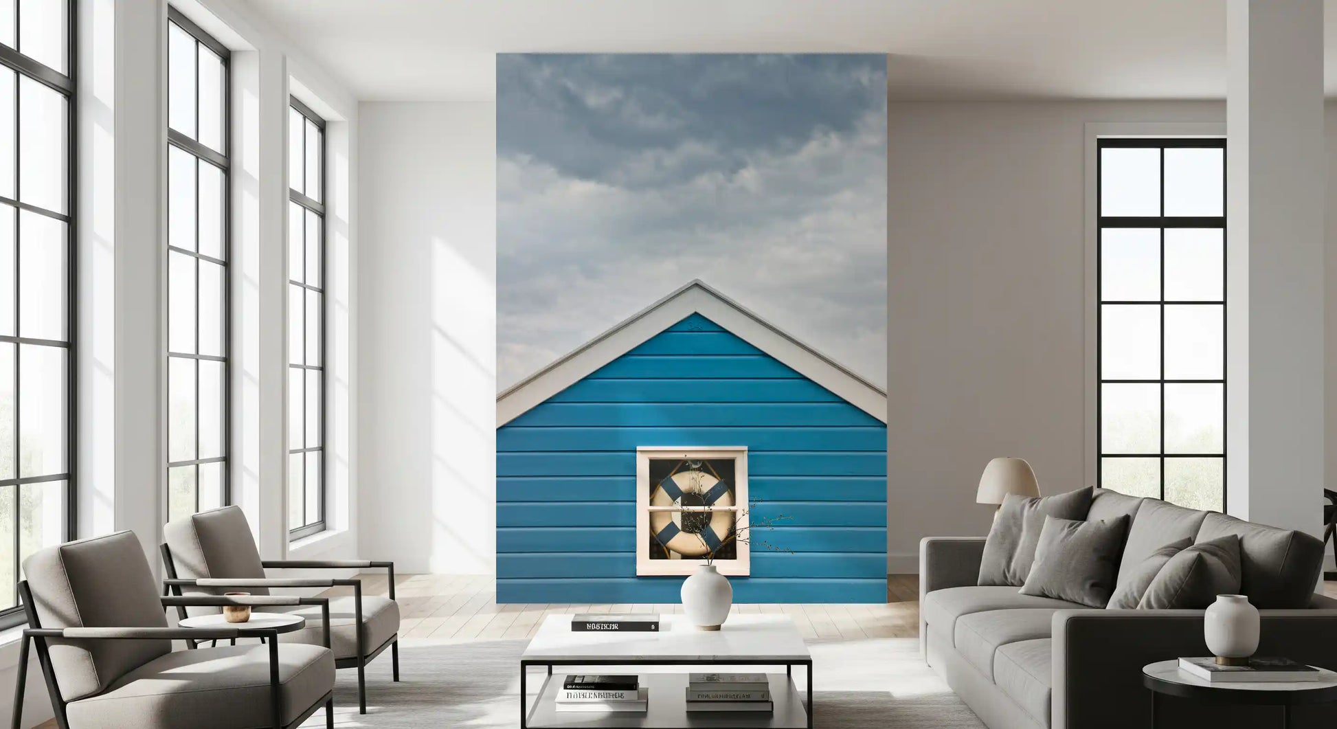 Blue Beach Hut wall mural detailing a life ring set in a small window