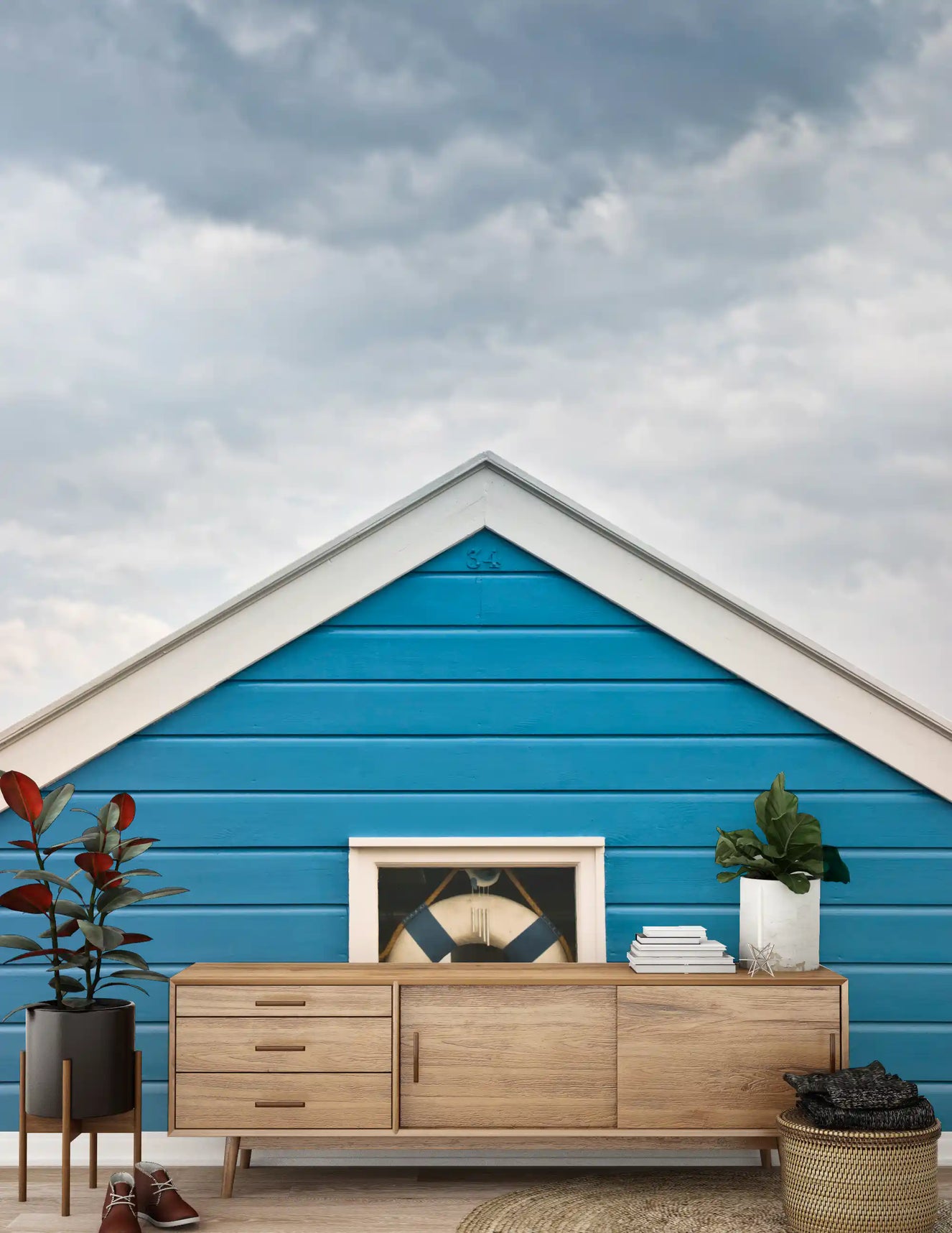 Crisp white trim and blue boards set a Hallway via this Coastal Charm wall mural