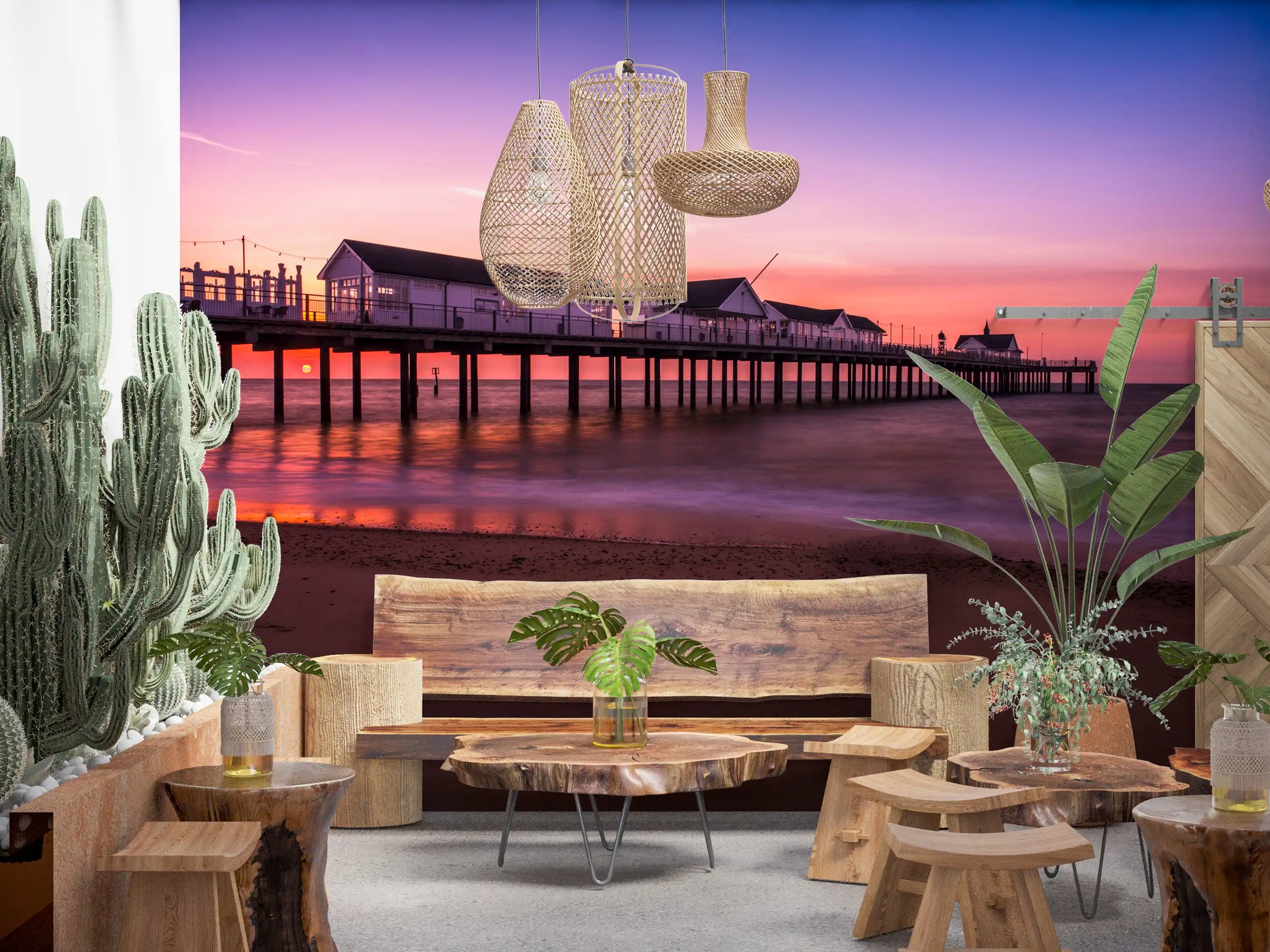 Dining room styled around the mellow Sunset Pier Reverie wall mural.