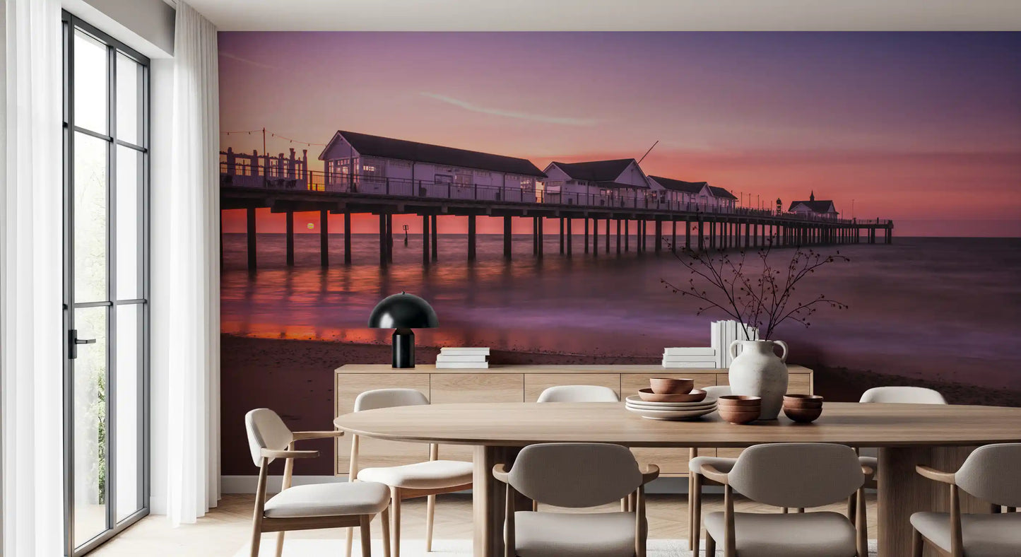 Sunset Pier Reverie wall mural showing a long pier under violet dusk.