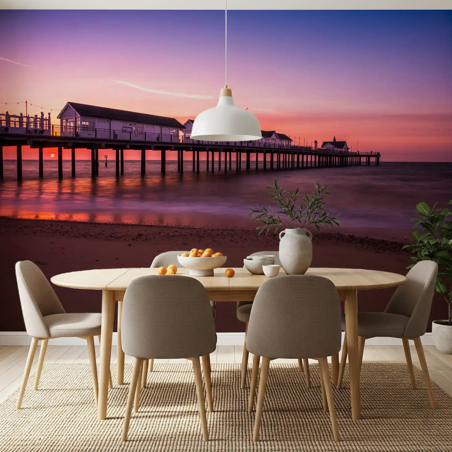 Rose and lilac light glows low on this Sunset Pier wall mural horizon.