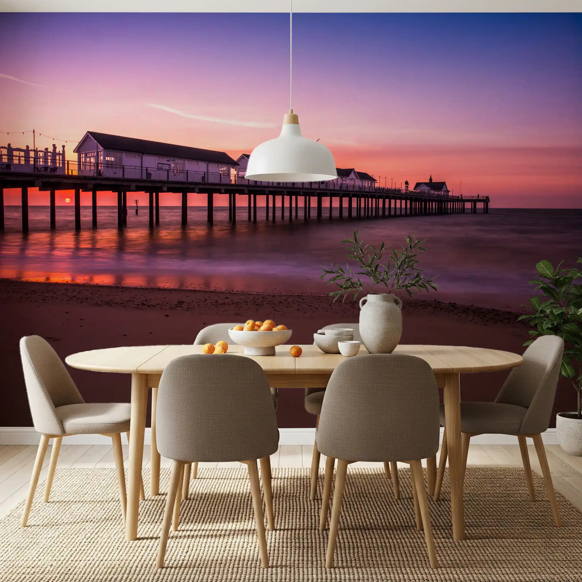 Rose and lilac light glows low on this Sunset Pier wall mural horizon.