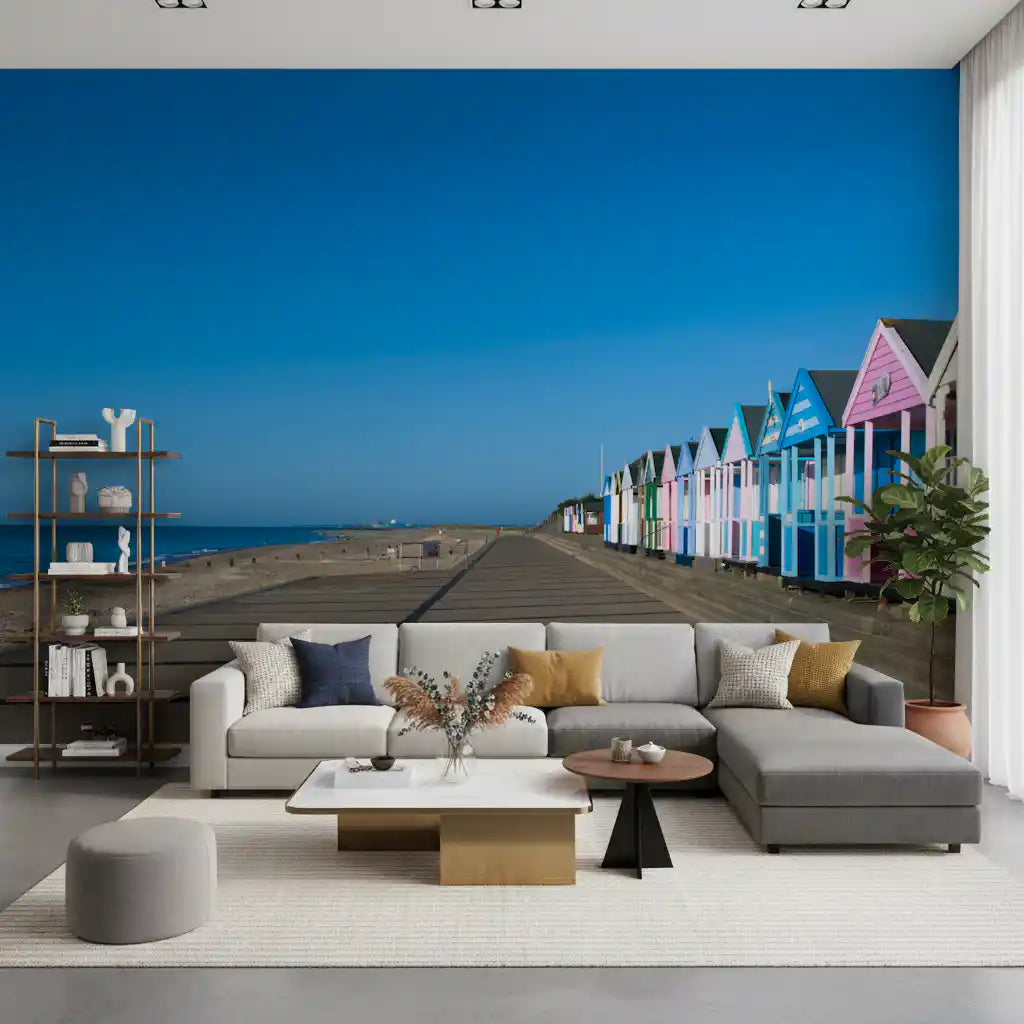 Pastel huts along a sunlit promenade lift a living room in this Serenity wall mural
