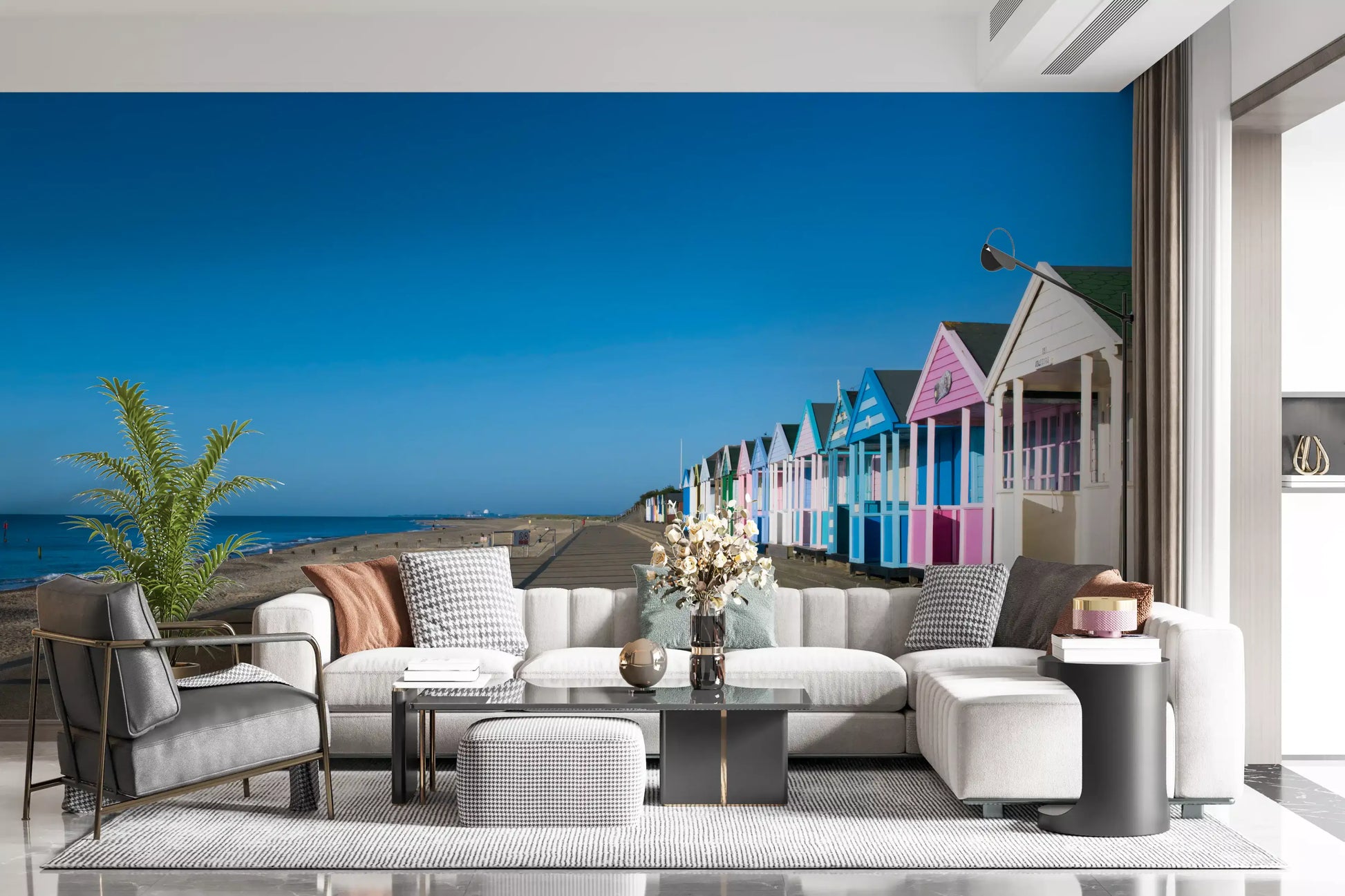 Long shoreline scene opens a Living room space as a Serenity wall mural
