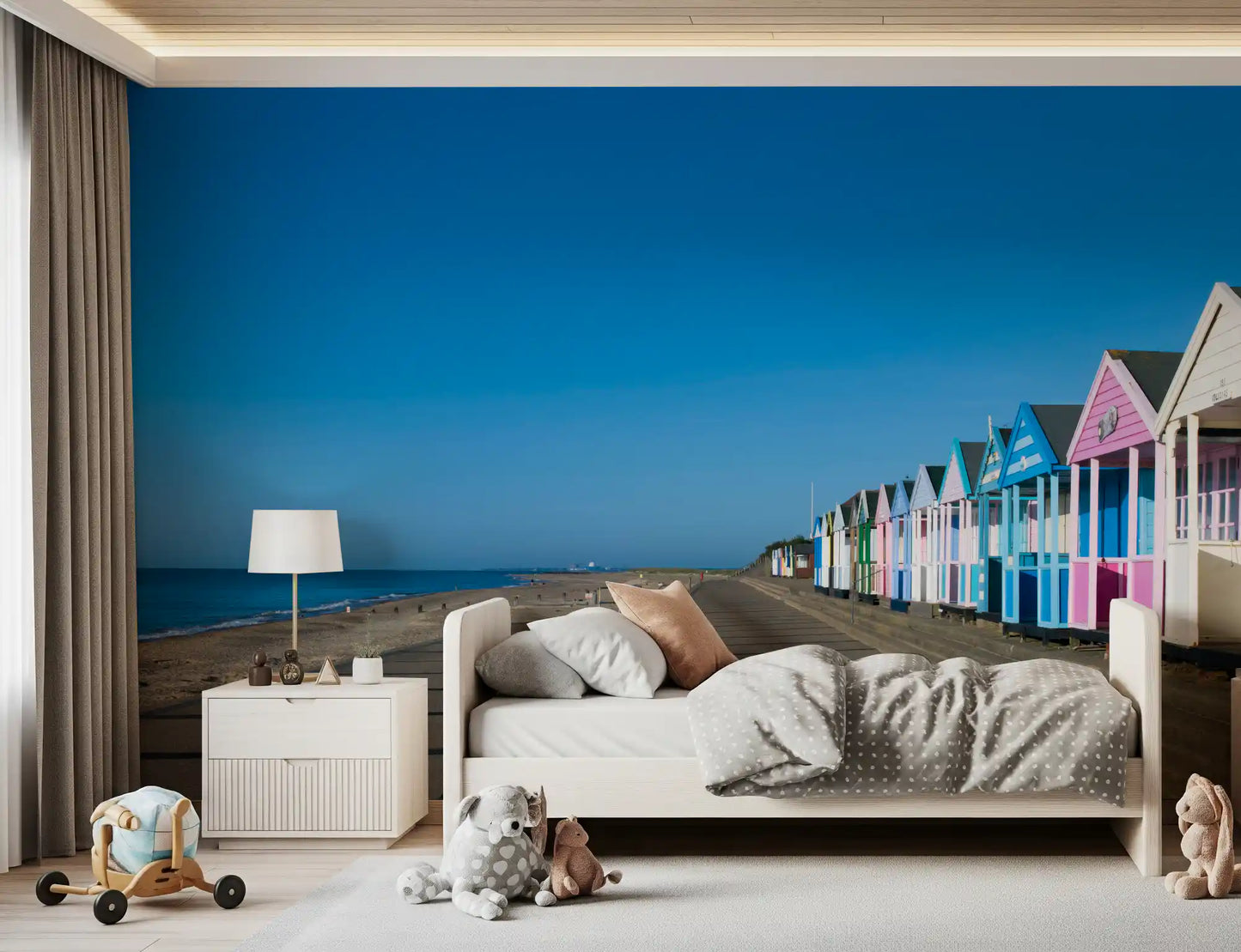 Coastal promenade view freshens a bathroom in this Colorful Beach Hut wall mural