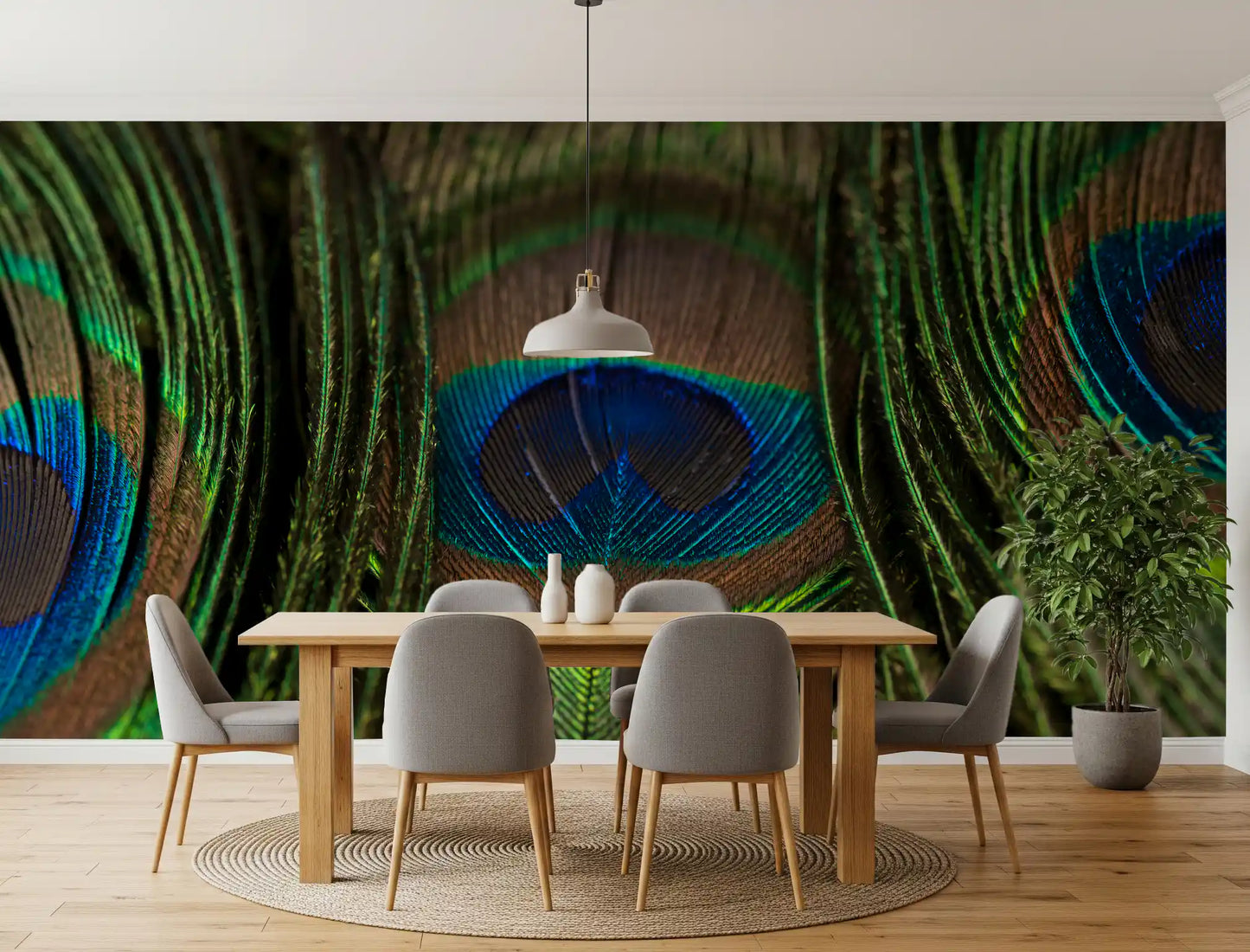 Peacock's Iridescent Plumes wall mural showing blue eyes among green barbs