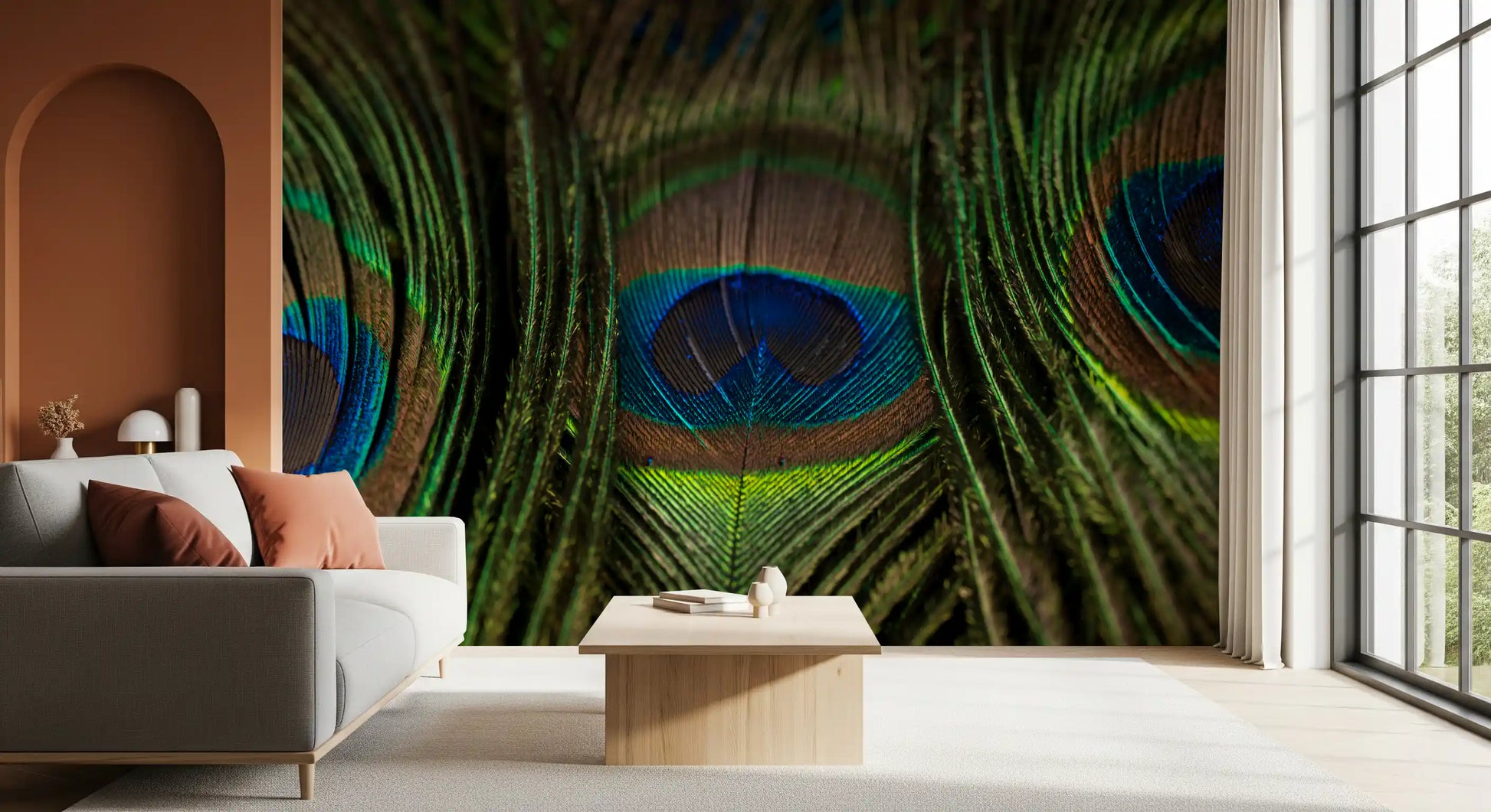 Bright Living room carrying the jewel-toned peacock feather wall mural
