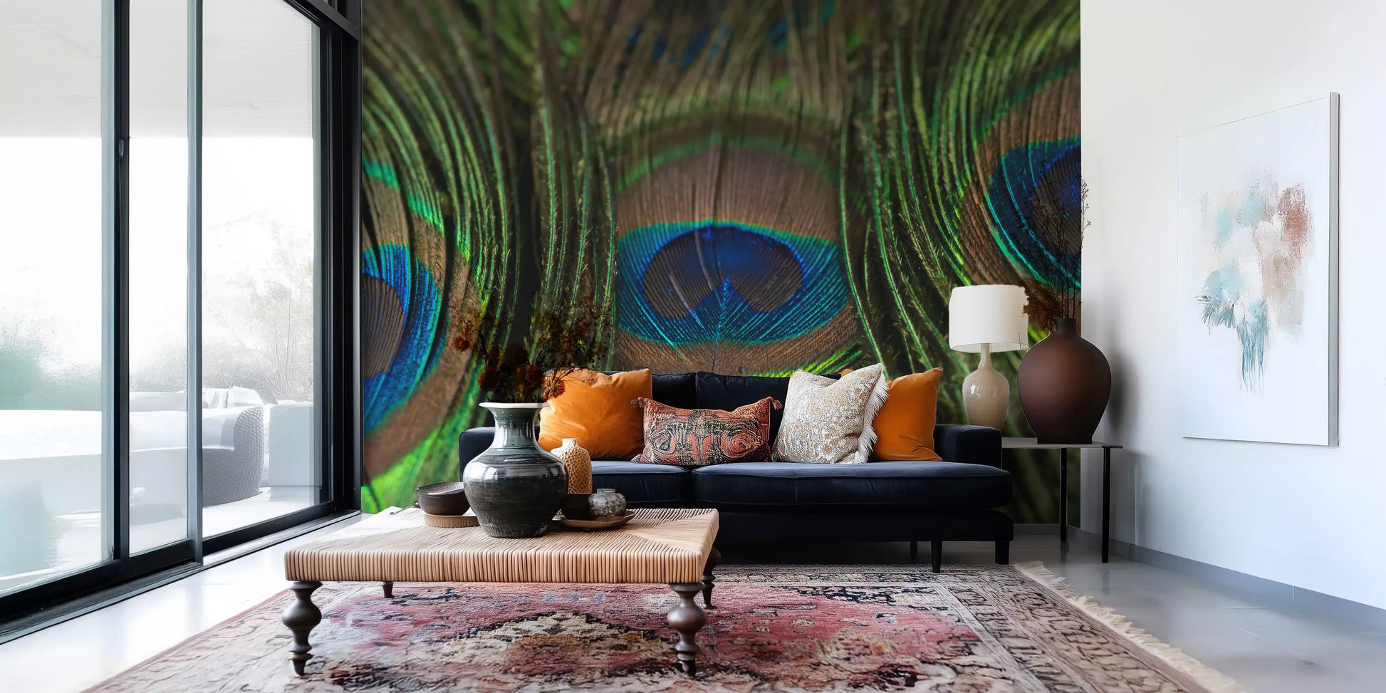 Shadowed gaps deepen the layered look of Peacock's Iridescent Plumes wall mural