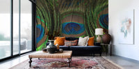 Shadowed gaps deepen the layered look of Peacock's Iridescent Plumes wall mural