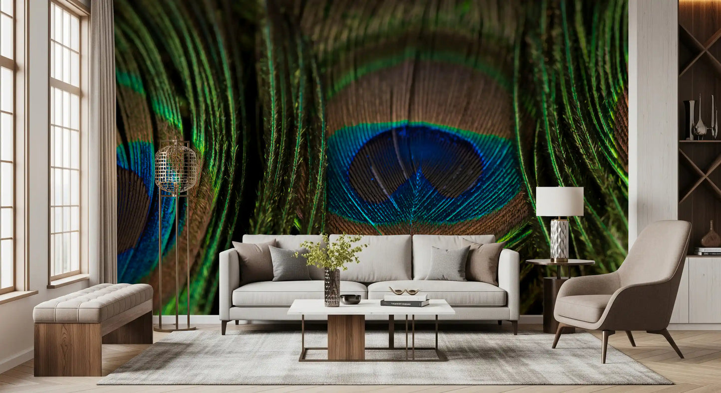 Living room space styled with the peacock plumes Iridescent wall mural
