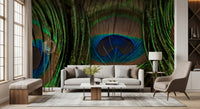 Living room space styled with the peacock plumes Iridescent wall mural
