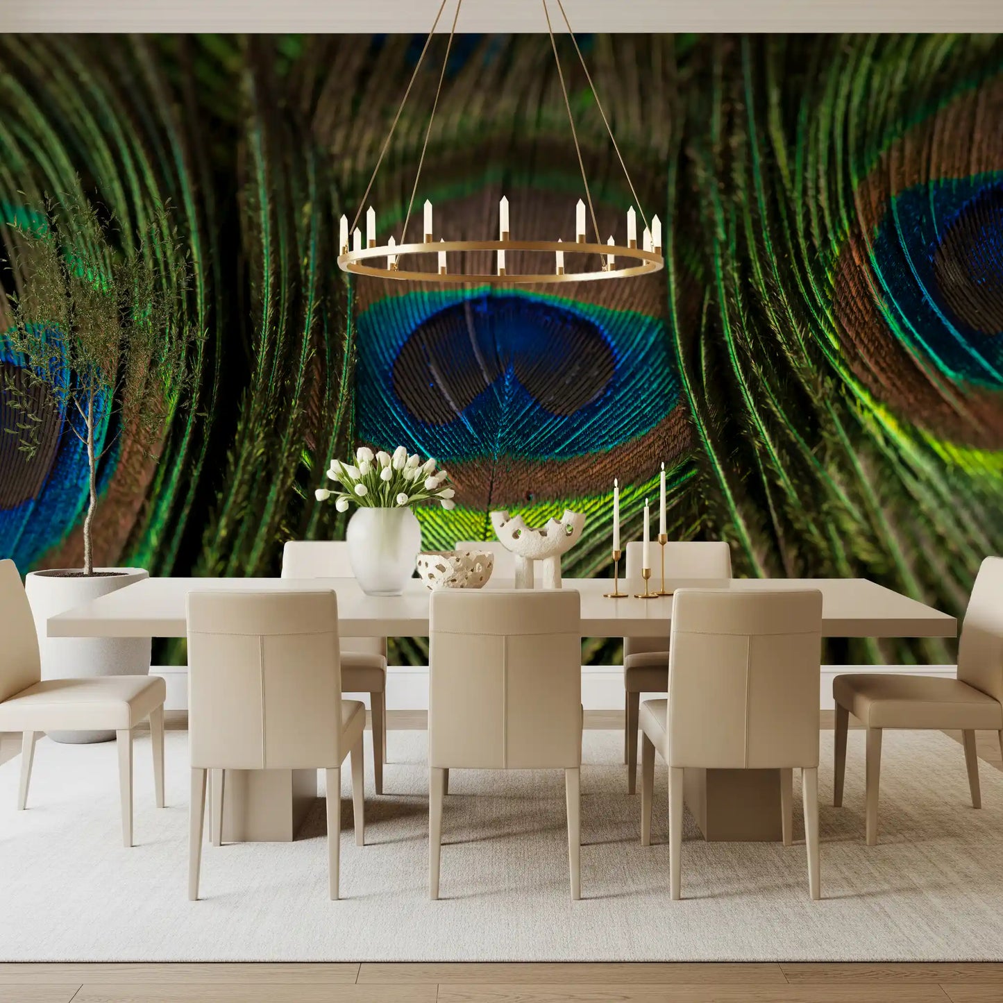  Dining featuring Iridescent Plumes wall mural, glowing feather eyes on dark green