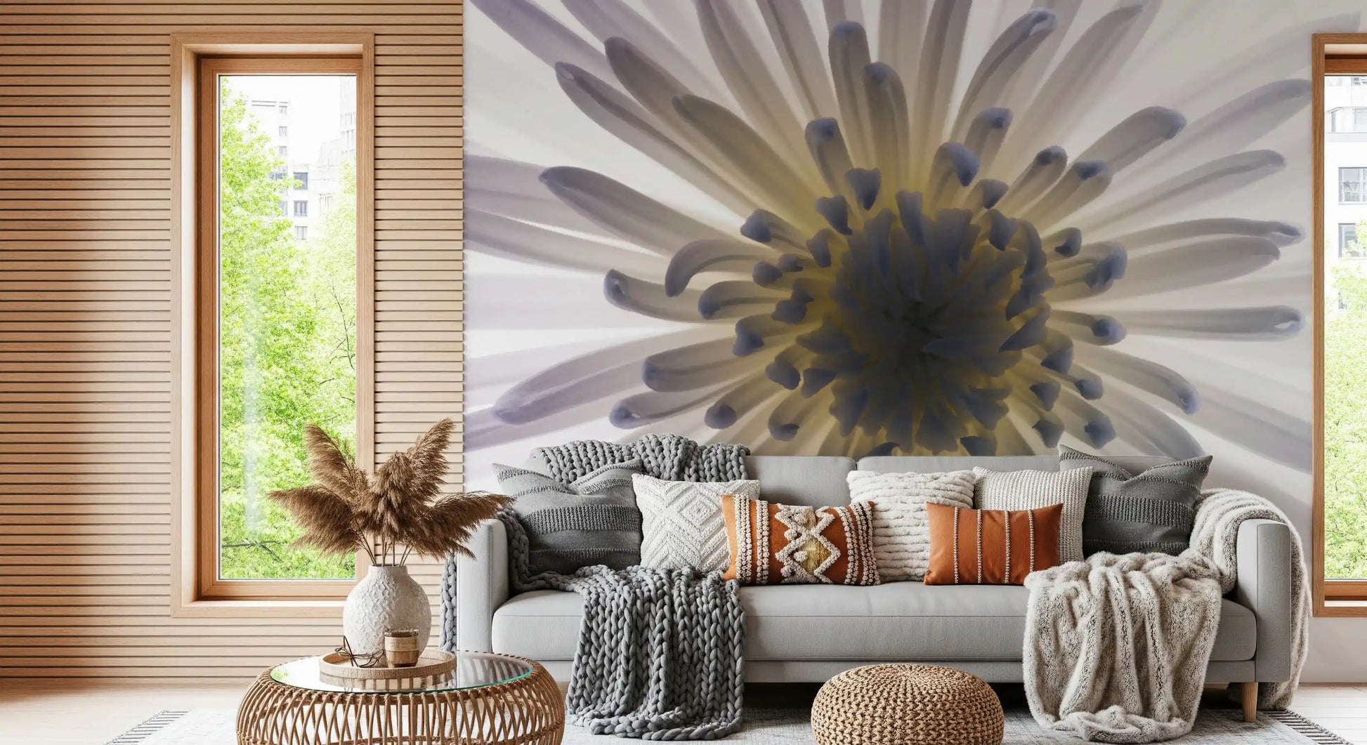 Light fades from a warm centre to near-white at the Luminous Petals wall mural rim