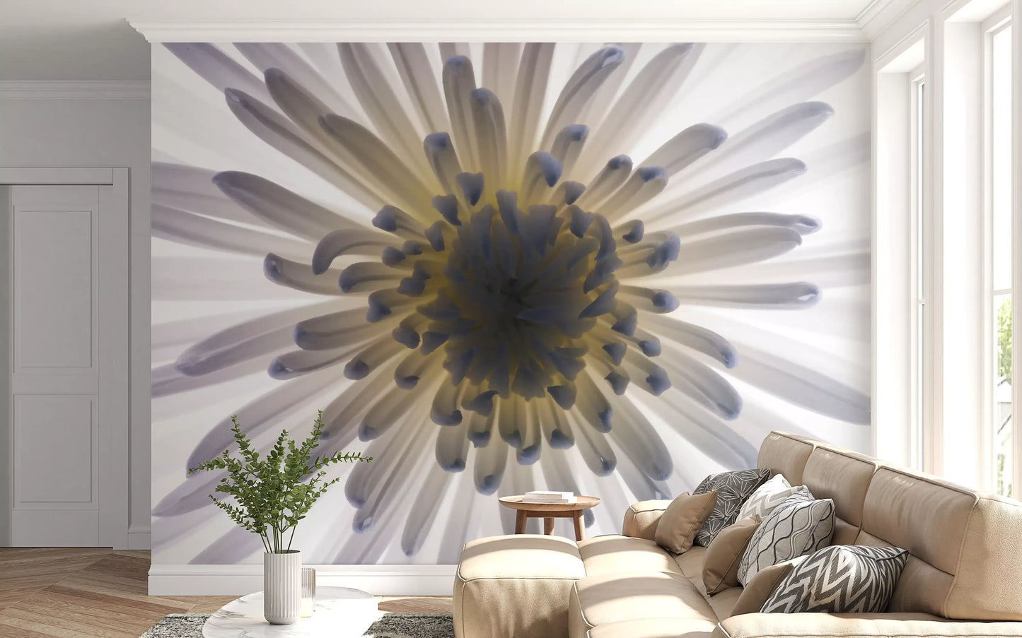 A glowing yellow core sits deep inside the Luminous Petals wall mural