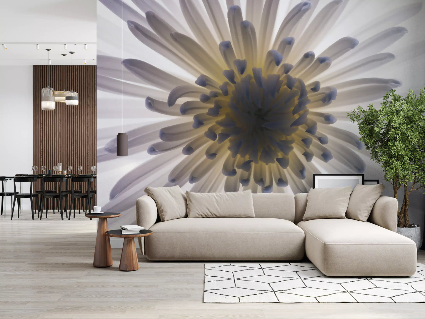 Warm core light lifts an entryway dressed in the Luminous Petals wall mural
