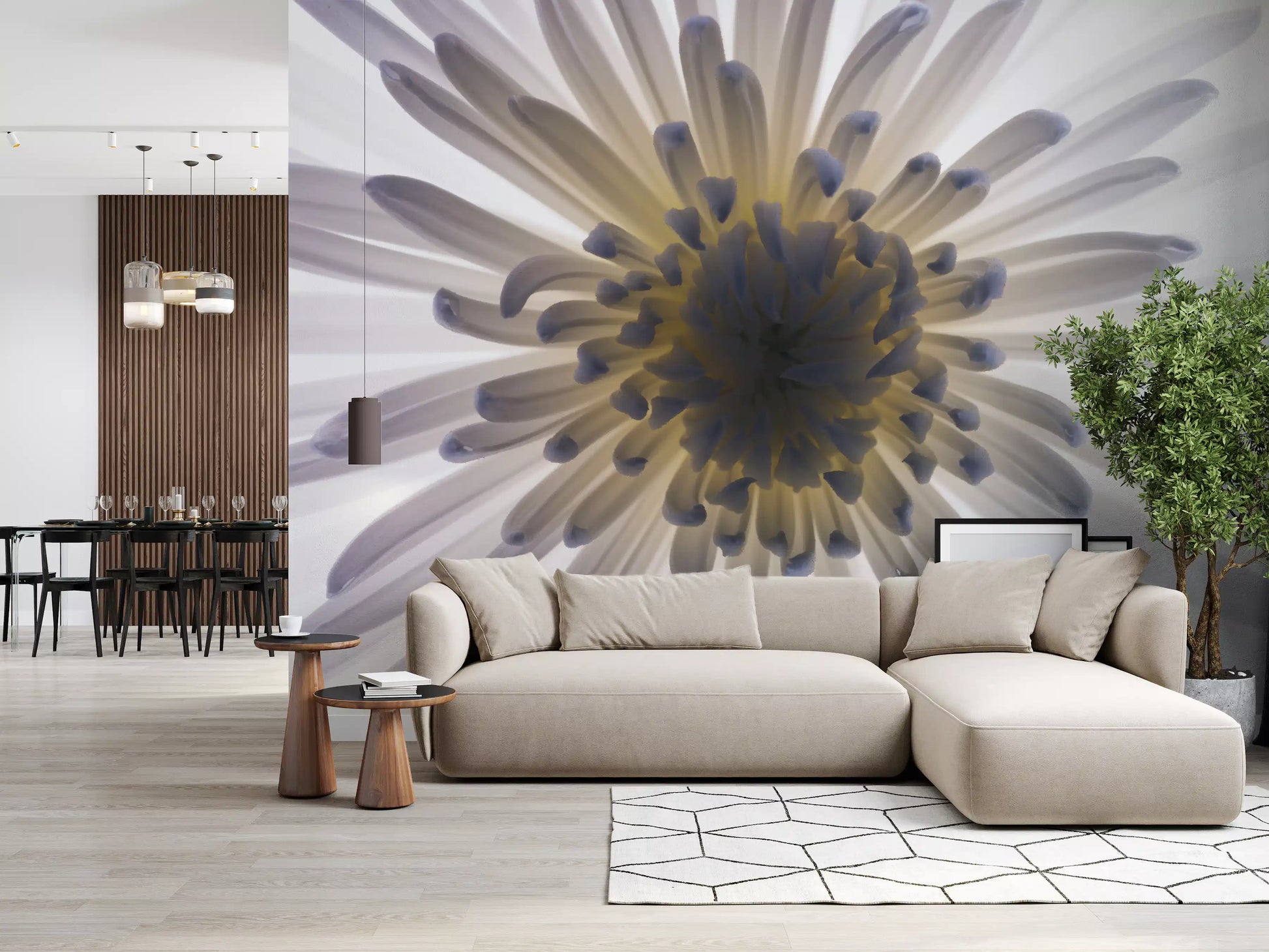 Warm core light lifts an entryway dressed in the Luminous Petals wall mural
