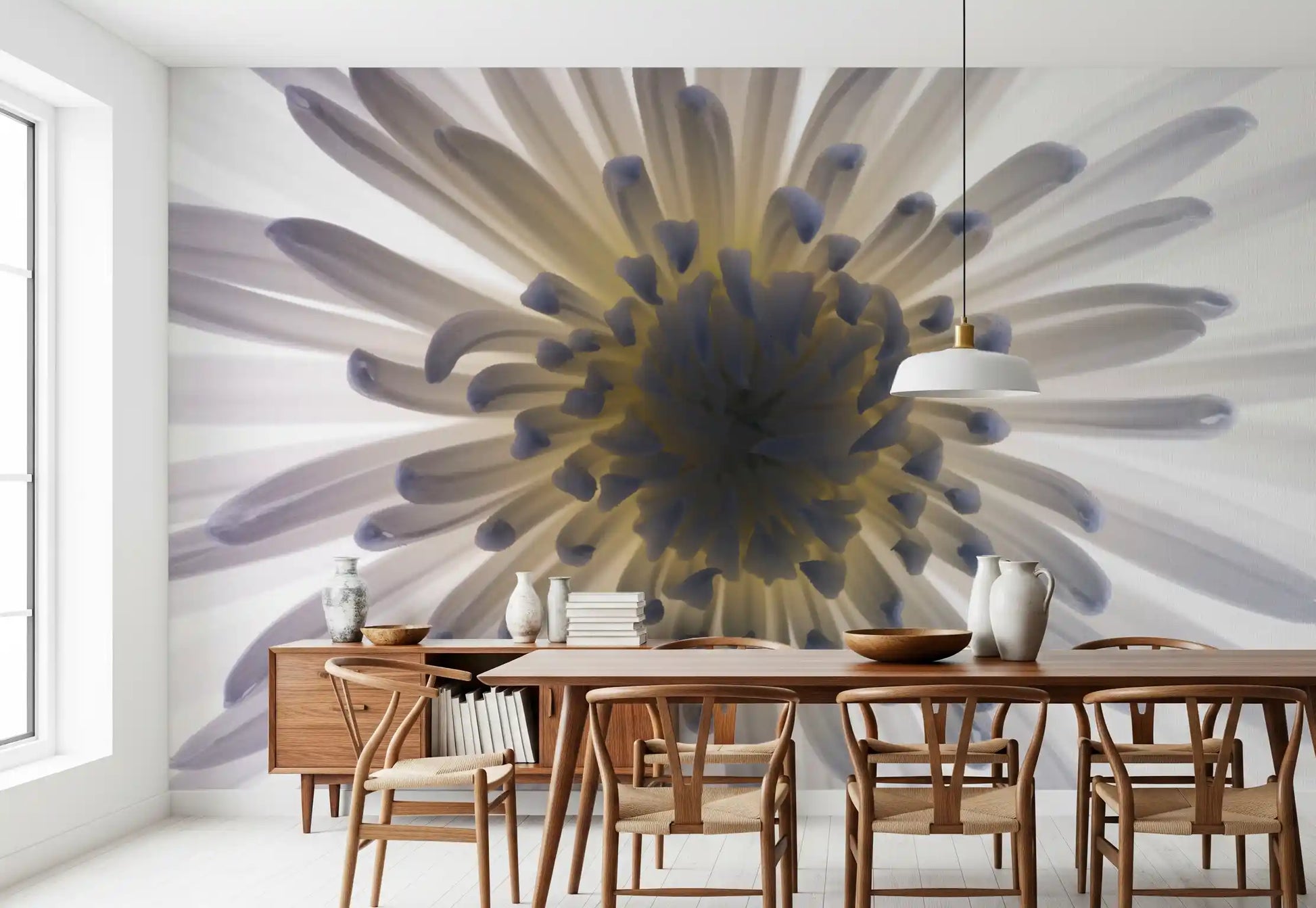 Set in a Dining room, the Luminous Petals wall mural keeps tones pale and gentle