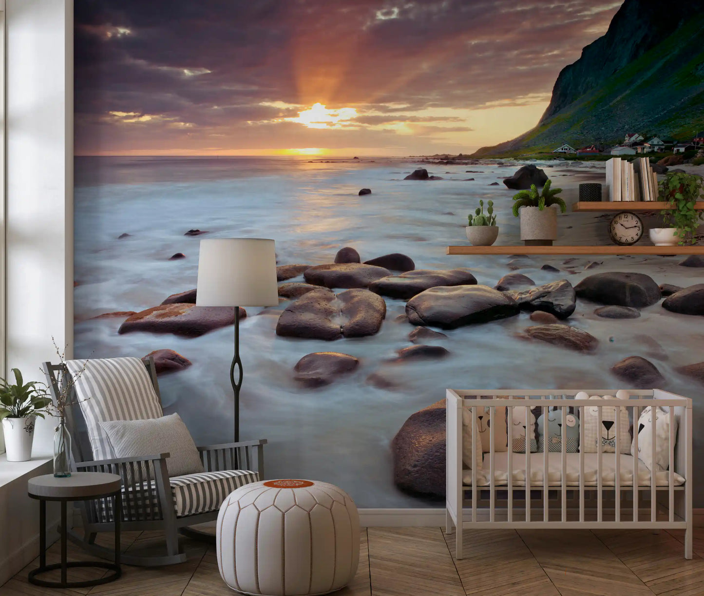 Glowing ocean light gives a Nursery a serene Coastal Sunset wall mural
