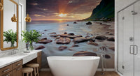 Amber and grey tones calm a bathroom with this Coastal Sunset wall mural