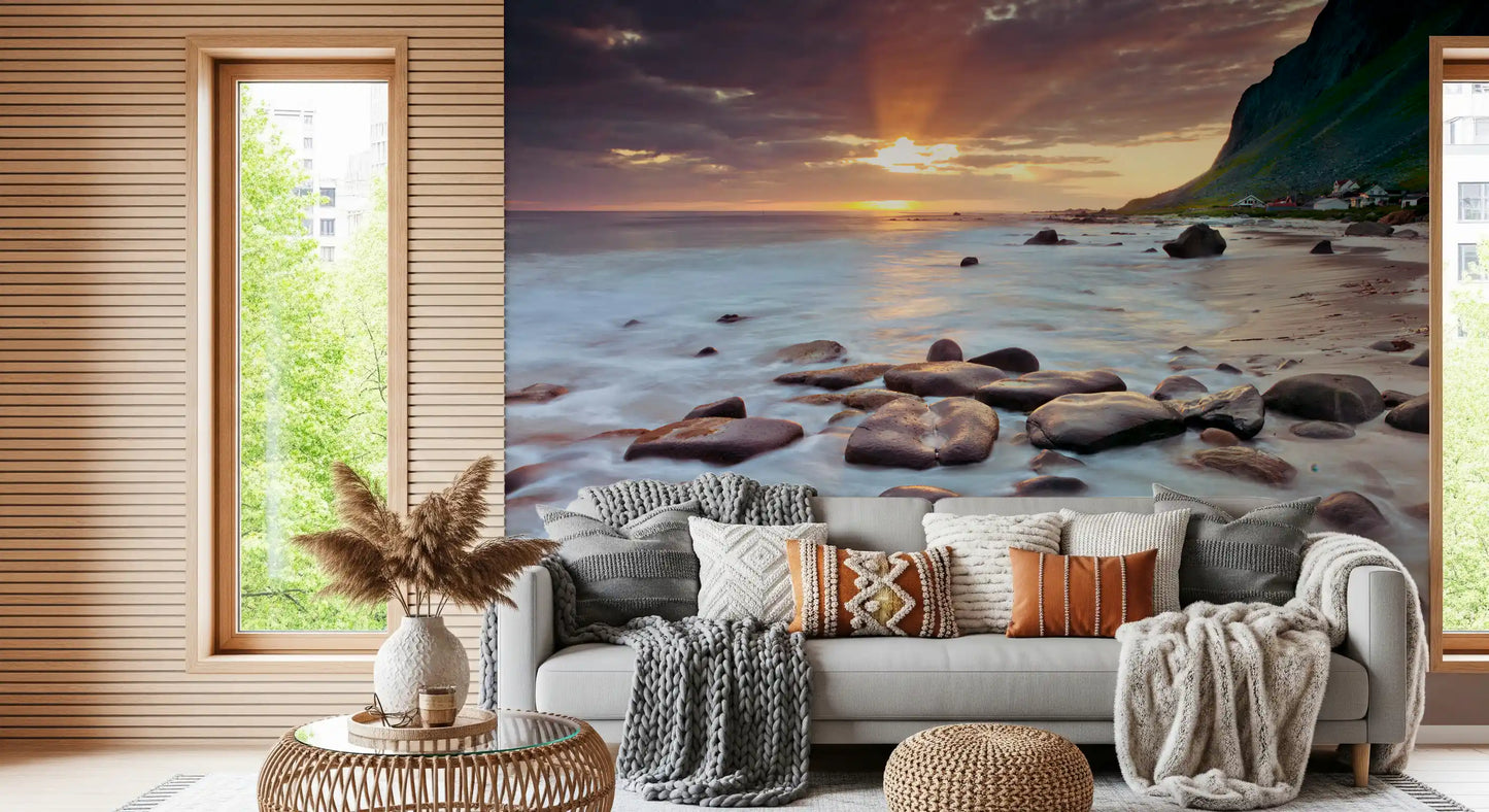 Quiet ocean dusk frames a Living room as a Coastal Sunset wall mural