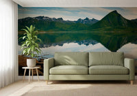 Snow-tipped summits and a glassy lake fill the Mirror Waters wall mural scene.