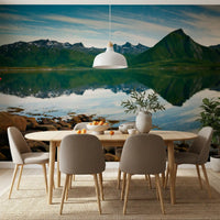 Emerald Peaks Mirror Waters wall mural showing green hills mirrored in still water.