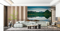 Calm reflections lend a restful tone to a Hallway with the Mirror Waters wall mural.