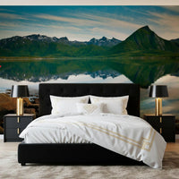 A serene lakeside view frames the Bedroom in Emerald Peaks Mirror Waters wall mural.