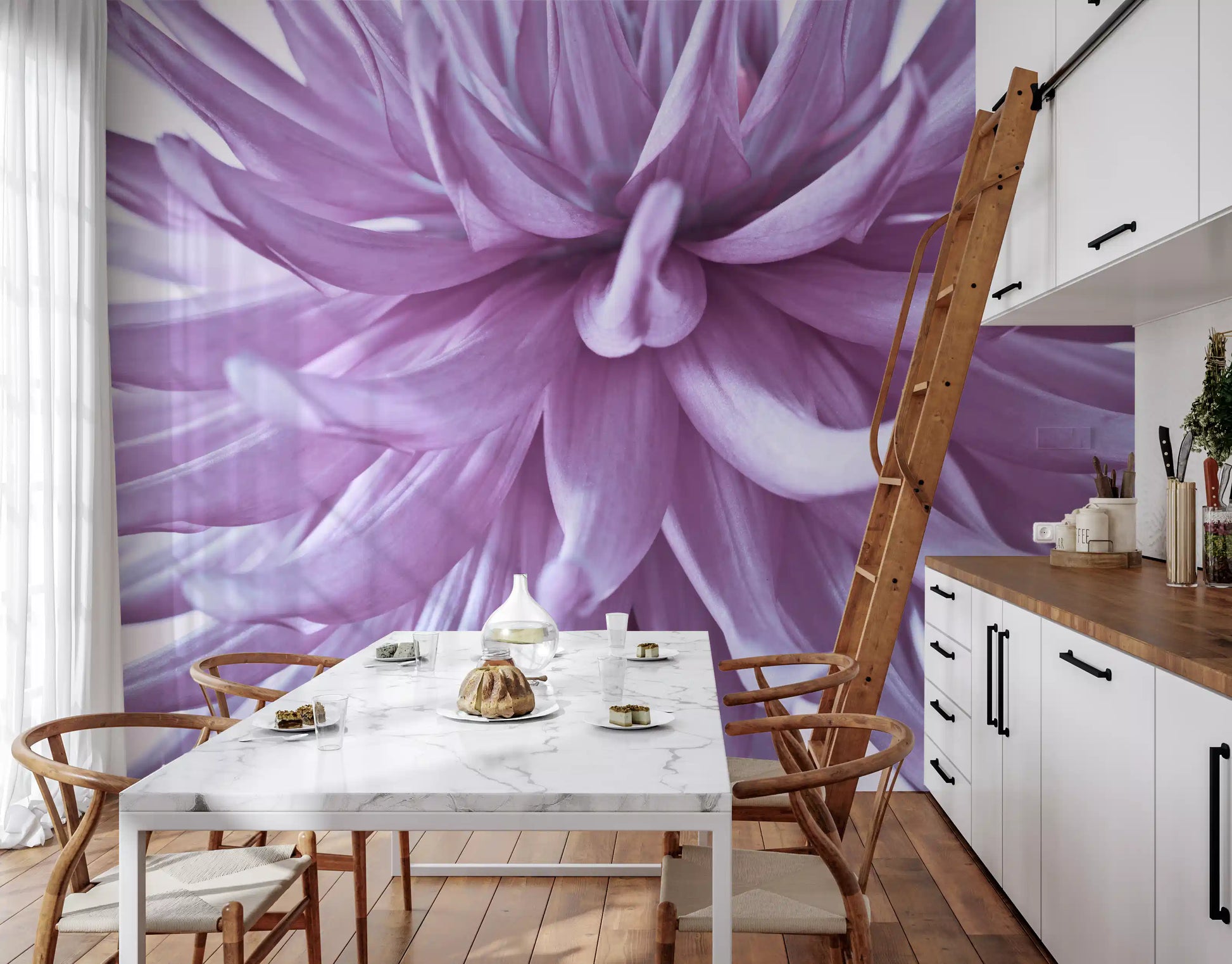 Purple petal wall mural anchors a calm, neutral Kitchen and dining room