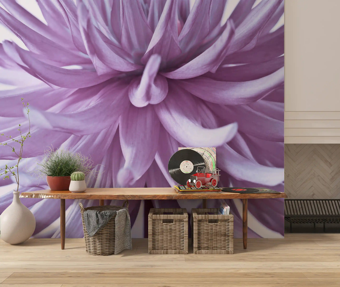 Lilac flower wall mural with delicate, ribbon-like petals on a pale ground