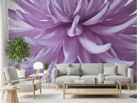 Living room centred on a Luminous Lilac Bloom wall mural in pale purple
