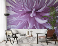 Quiet, luminous purple bloom wall mural fills a modern family room backdrop
