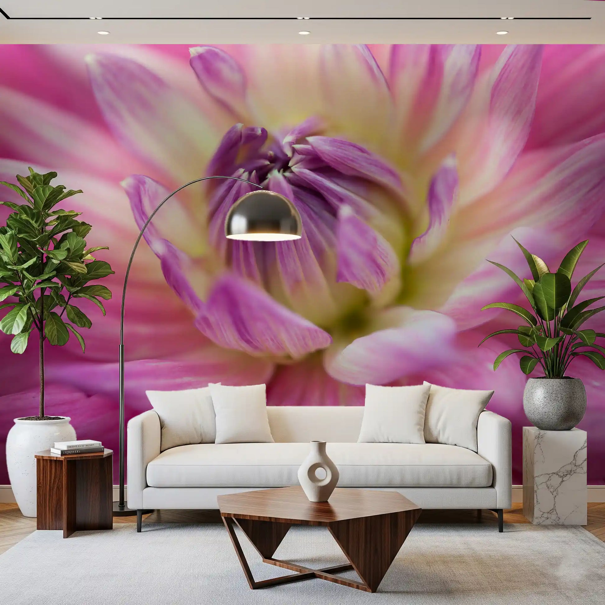Tightly set petals ring a pale gold heart on the vivid dahlia blossom wall mural.