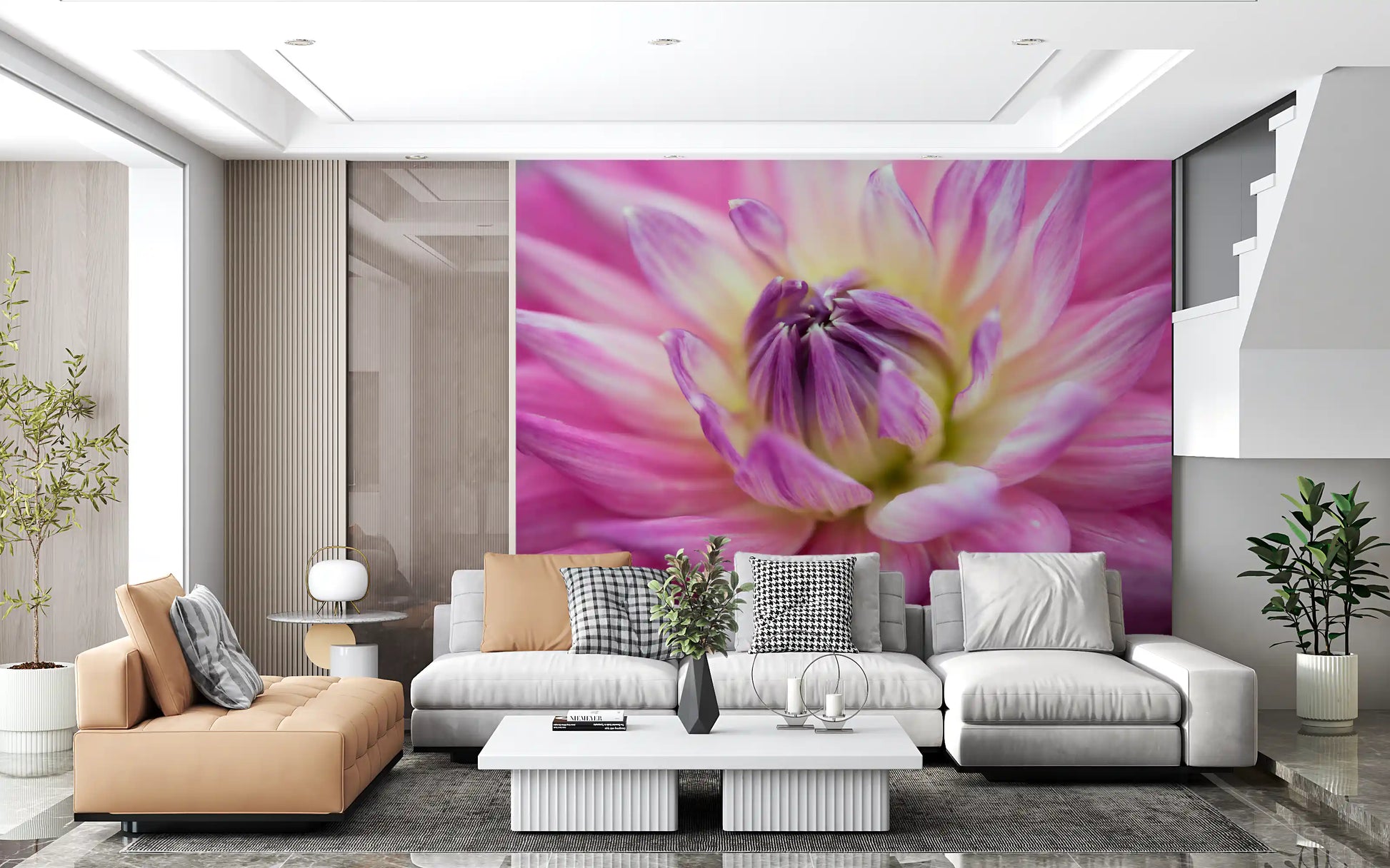 Bold floral interest from the dahlia blossom wall mural lifts a quiet reading corner.