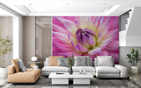 Bold floral interest from the dahlia blossom wall mural lifts a quiet reading corner.