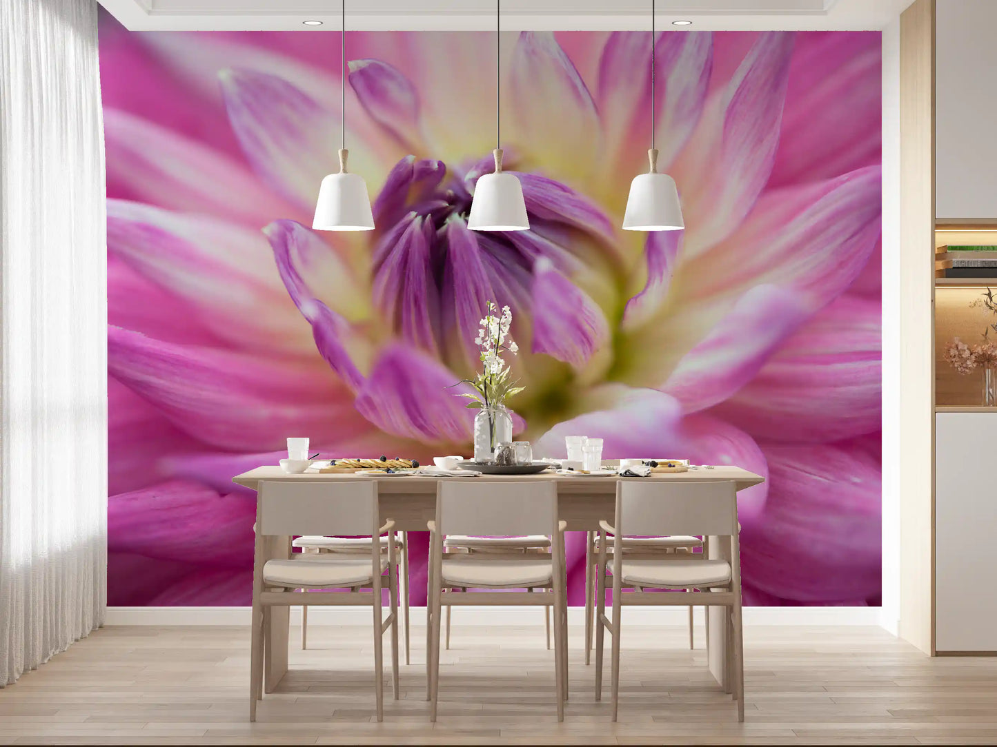 Magenta bloom on the blossom wall mural turns an open living and dining space lively.
