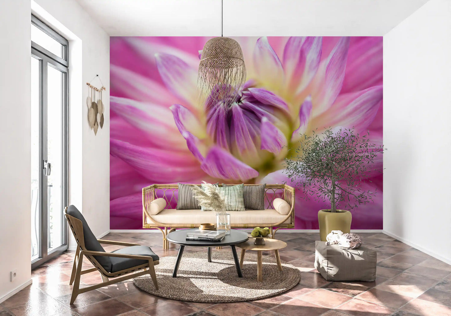 Veining runs along each magenta petal on the dahlia blossom wall mural.
